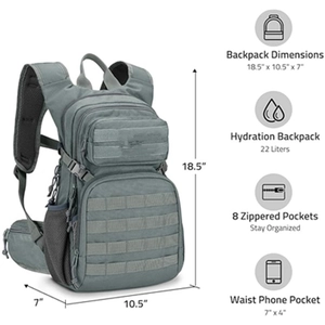 Tactical backpack detail showing 22L capacity and functional Molle system with size chart