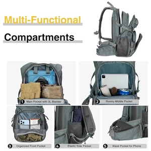 Detailed view of internal compartments and pockets of this 22L tactical hydration backpack