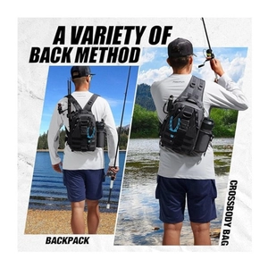 Sac de pêche polyvalent montrant les modes sac à dos et bandoulière au bord de la rivière