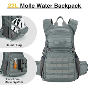 Detailed view of 22L tactical backpack with Molle system, helmet storage and gear clips