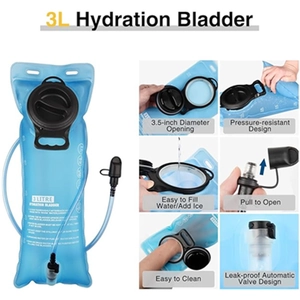 Detail of 3L blue hydration bladder with 3.5-inch large opening and leak-proof valve