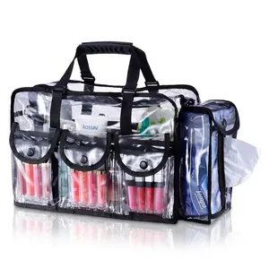 Clear PVC travel cosmetic bag with shoulder strap and built-in tissue holder pocket