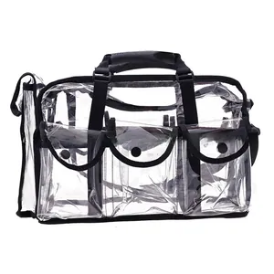 Large clear PVC travel organizer bag with shoulder strap and multiple front snap pockets