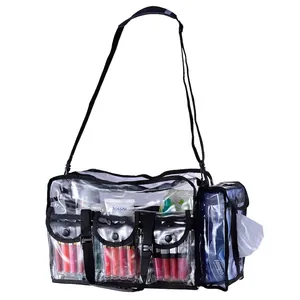 Transparent PVC travel makeup bag with black trim, shoulder strap and side tissue pocket