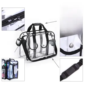 Detailed views of a large clear PVC travel makeup bag featuring multiple pockets and straps
