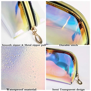 Detail of holographic TPU makeup bag featuring waterproof material and smooth metal zipper