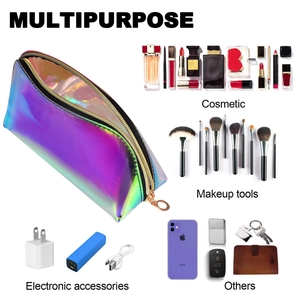 Holographic laser TPU makeup bag showing multipurpose storage for cosmetics and tools