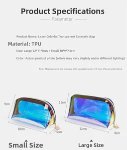 Iridescent TPU makeup bags in two sizes with gold zipper and dimension details