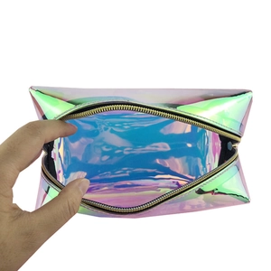 Macro detail of laser TPU makeup bag with large opening for cosmetics storage