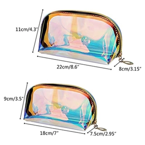 Holographic TPU cosmetic bags in two sizes with gold zippers and waterproof design