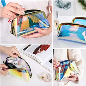 Iridescent holographic TPU makeup bag with semi-circular zipper from multiple angles