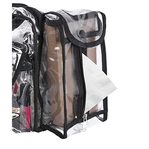 Large clear PVC travel makeup bag with shoulder strap and side tissue dispenser pocket