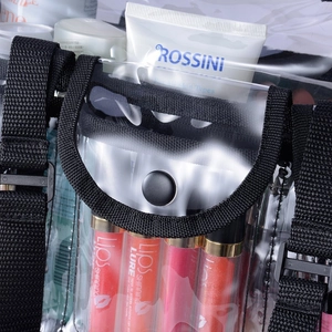 Clear PVC travel cosmetic bag with black shoulder strap and snap front pocket