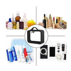 Bolsa de viaje transparente de PVC negro con asa para cosméticos y artículos de aseo