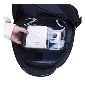 Mochila de viaje negra impermeable con ventana de PVC transparente para cosméticos y aseo