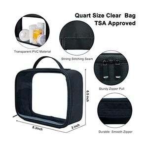 Neceser de viaje de PVC negro transparente TSA con asa superior y doble cremallera 8.3 inch