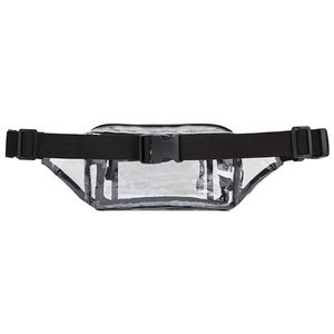 Clear PVC travel waist bag with black nylon straps and adjustable buckle closure