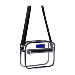 Clear PVC crossbody bag with adjustable black strap and dual zipper pockets for travel