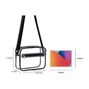 Clear PVC crossbody bag with black strap measuring 10.5 x 7.5 x 3 inches for travel