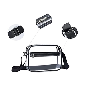Transparent PVC crossbody bag with adjustable black strap and silver zipper details