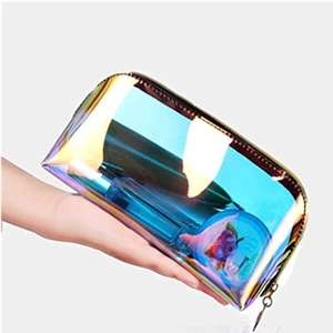 Holographic laser TPU makeup bag with waterproof iridescent finish and zip closure