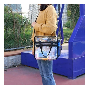 Grand sac cabas transparent en PVC avec poignées noires et poche latérale bleue pour voyage