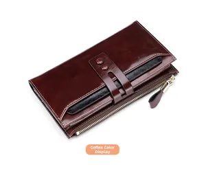 Detail of coffee brown RFID genuine leather long wallet with polished oil wax finish