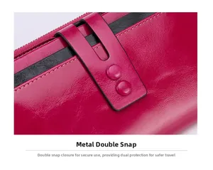 Detail of genuine leather wallet featuring dual metal snap buttons and fine stitching