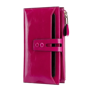 Bright rose red long RFID leather wallet for women with zipper pocket and snap closure