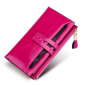 Magenta and black genuine leather RFID long wallet with zipper and decorative buckle