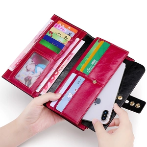 Red genuine leather long RFID wallet for women with multiple card slots and phone pocket