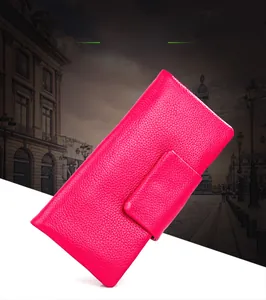 Detailed view of pink pebble grain leather long wallet with functional multi-card slots
