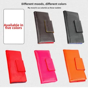 Litchi pattern long wallets in dark brown, black, red, rose, and orange color options