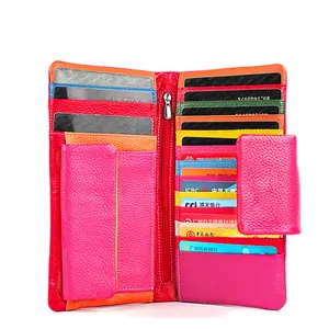 Detailed view of colorful multi-slot leather wallet interior with zipper pocket