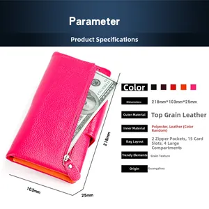Detailed view of women long wallet specifications with 218x103x25mm dimensions