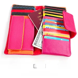 Inside view of women's leather long wallet showing multi-card slots and passport compartment