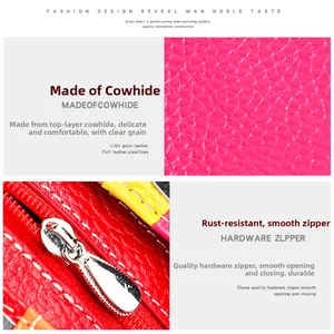 Detail of multi-color litchi grain cowhide leather wallet with premium silver zipper