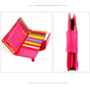 Macro view of multi-color cowhide long wallet showing internal card slots and compartments