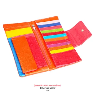 Internal view of colorful leather wallet with multiple card slots and zipper pocket