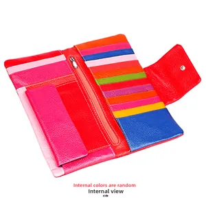 Detailed interior of a long leather wallet featuring colorful multi-card slots and pockets