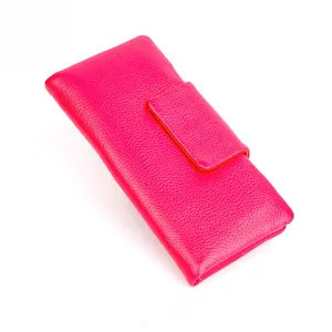 Front view of rose red long wallet with textured leather and tri-fold flap closure