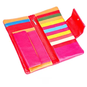 Detailed interior of long multi-color leather wallet with multiple card slots and zipper pocket