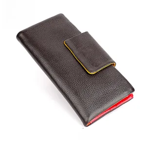 Detailed front view of long coffee brown leather wallet with contrast yellow stitching