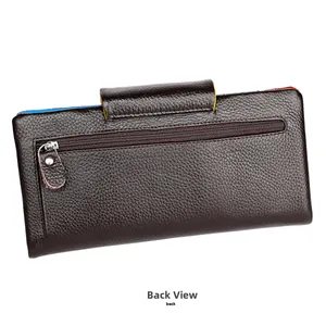 Detail view of brown pebbled leather wallet back featuring smooth metal zipper and multi-color lining