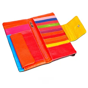 Interior layout of long leather wallet featuring colorful rainbow card slots and zipper pocket