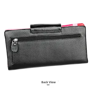 Detail view of the black pebble leather wallet back featuring a horizontal zip pocket