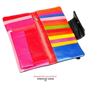 Detailed interior of long multi-color leather wallet with card slots and coin pocket