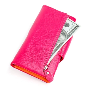 Long rose red women's wallet with lychee pattern leather and orange inner lining