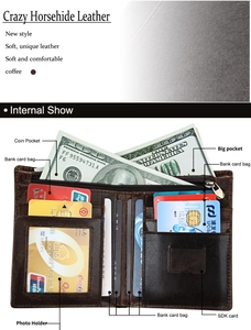 Détail du portefeuille en cuir avec protection RFID et compartiments pour monnaie