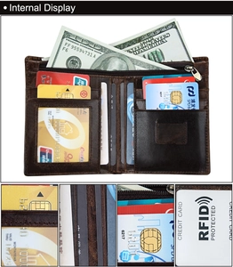 Vue détaillée du portefeuille en cuir montrant les fentes RFID et le compartiment zippé